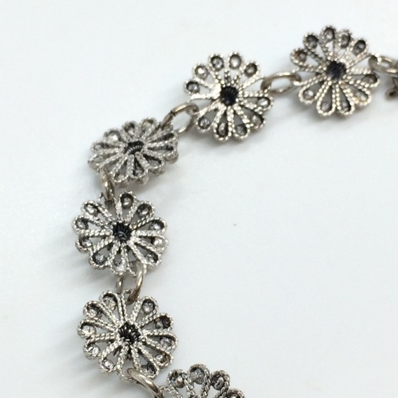 VINTAGE 925 STERLING SILVER FLOWER FILIGREE BRACELET OPEN WORK DAINTY FEMININE - Picture 9 of 10